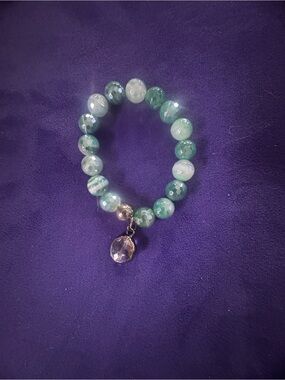 Green Agate Beaded Stretch Bracelet with Crystal Charm